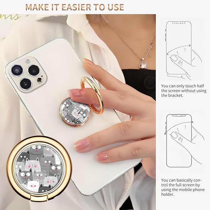 Cell Phone Ring Holder, Cute Metal Phone Grip Stand Finger Ring Kickstand, Flexible 360°Rotation Phone Tablet Case Accessories Compatible with Most Phones Grey Cute Cats