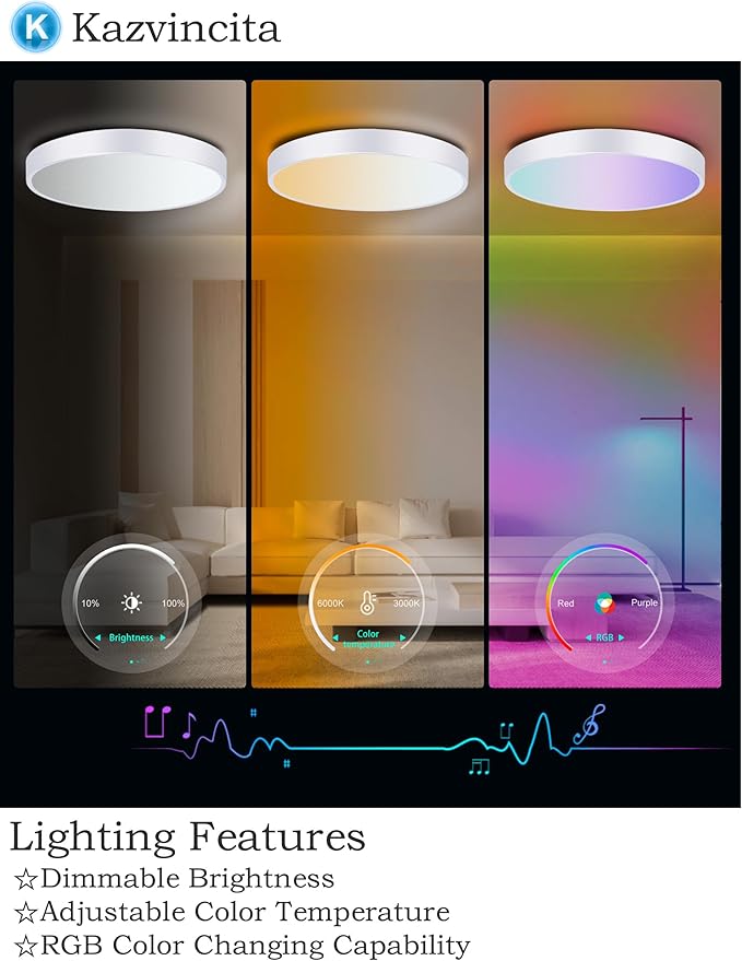BT-Version LED Ceiling Light with Speaker 40W 13Inch Music Ceiling Lamp with Remote Control Adjustable Brightness & Color Temperature RGB Ambient Lighting for Kids Room Bedroom and More