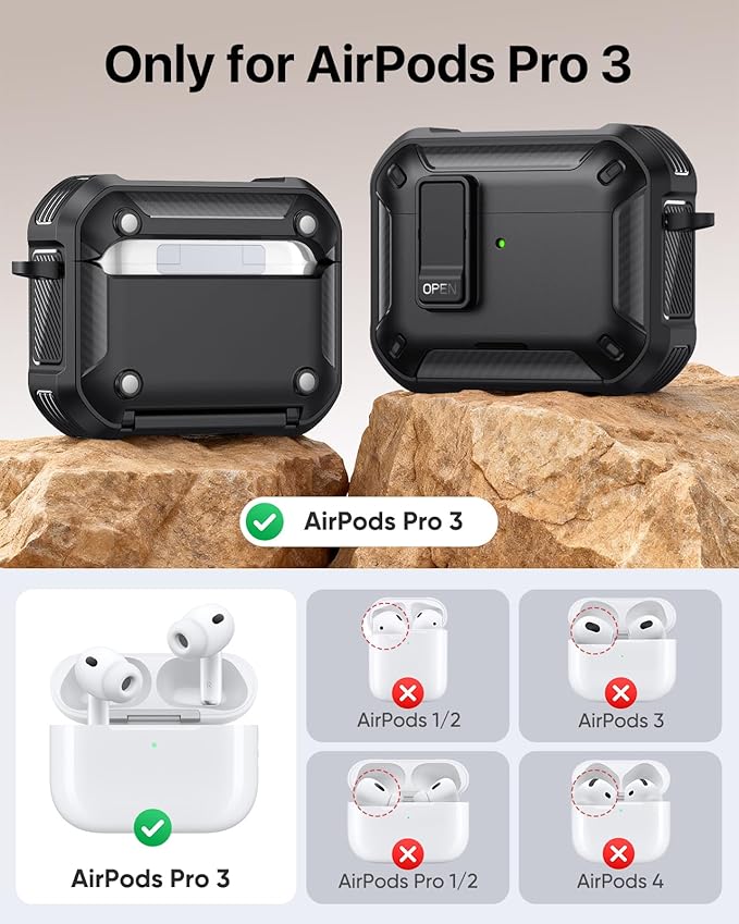 MoKo for AirPods Pro 3 Case with Lock 2025 - Compatible with MagSafe, Phone Stand & Auto Pop-up for AirPods Pro 3rd Generation Case, Military-Grade Protective Cover with Cleaner Kit, Black