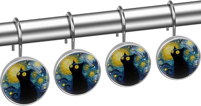 12 Packs Abstract Starry Sky Cat Shower Curtain Hooks, Stainless Steel Glass Shower Curtain Rings for Bathroom Decor, Metal Rustproof Curtain Rod Hooks