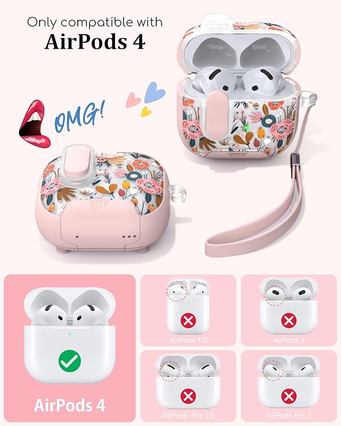 TATOFY for AirPods 4th Generation Case with Phone Stand Lanyard Lock Cleaning Kit, Compatible with Magsafe, Flowers Hard AirPod 4 Cover for Women (Salmon, AirPods 4th)