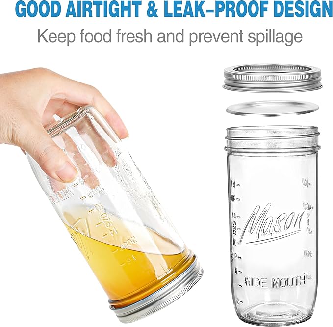 24 oz Wide Mouth Mason Jars - Canning Jars with Metal Airtight Lids and Bands, 24 ounce Mason Glass Jars for Fermenting, Pickling, Meal Prep, Overnight Oats, Jam, Jelly, DIY Projects (6 pack)
