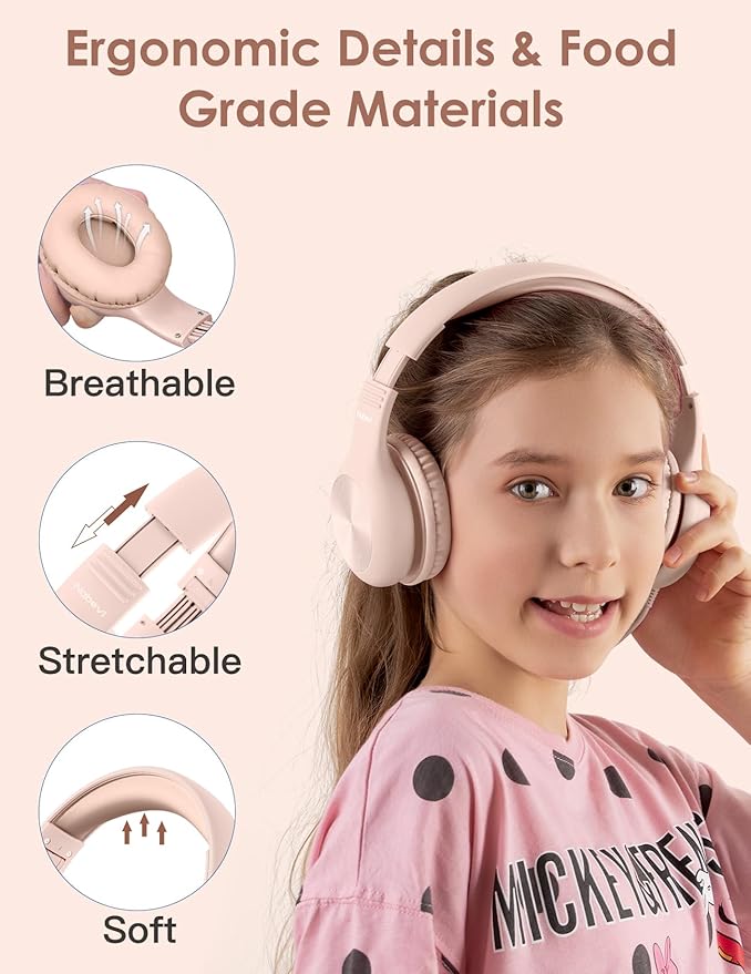 Kids Headphones with MIC, Over-Ear Headphones for Kids with Cord, HD Sound, Safe Volume Limit, Sharing Function, Kid Headset for Girls Boys, Toddler Headphone for School, Tablet, Sand Pink