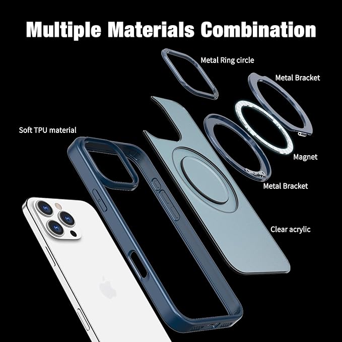for iPhone 16 Pro Max Case with Screen Protector & Lens Protector [15 FT Military Drop Protection] Magnetic Kickstand Compatible with MagSafe Slim Translucent Case (Navy Blue)