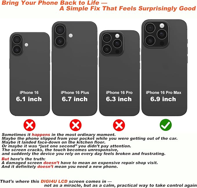 DIGI4U LCD for iPhone 16 Pro Max Screen Replacement, 6.9''[3D Touch][Small Notch] Screen for iPhone 16 Pro Max Display Digitizer Assembly, with Repair Tools for iPhone 16 Pro Max LCD