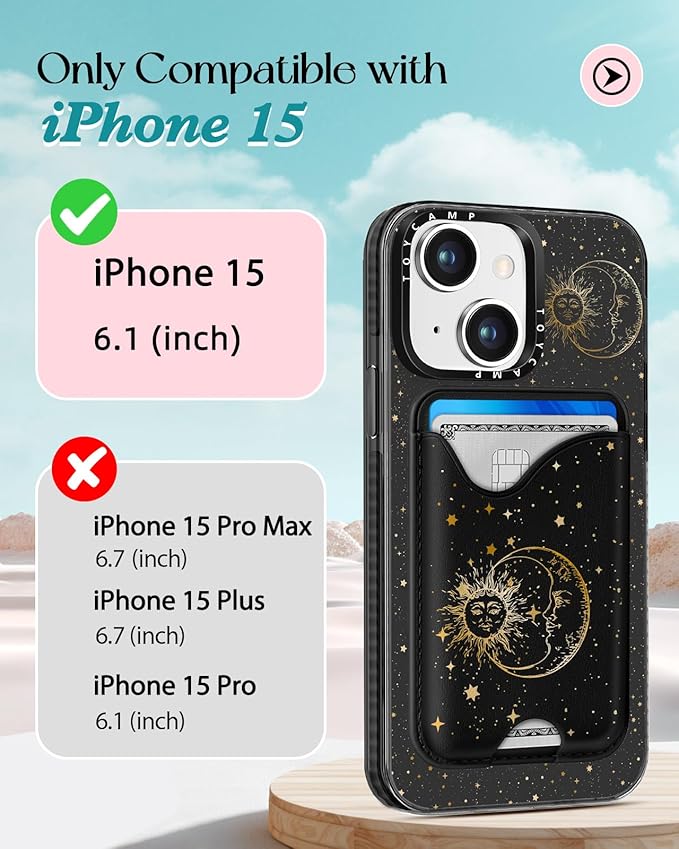 Toycamp for iPhone 15 Case - Compatible with Magsafe with Credit Card Holder Wallet Magnetic Cute Women Teen Girls Kawaii Girly Unique Sun Moon Design Pretty Phone Cover for Apple 15 6.1"