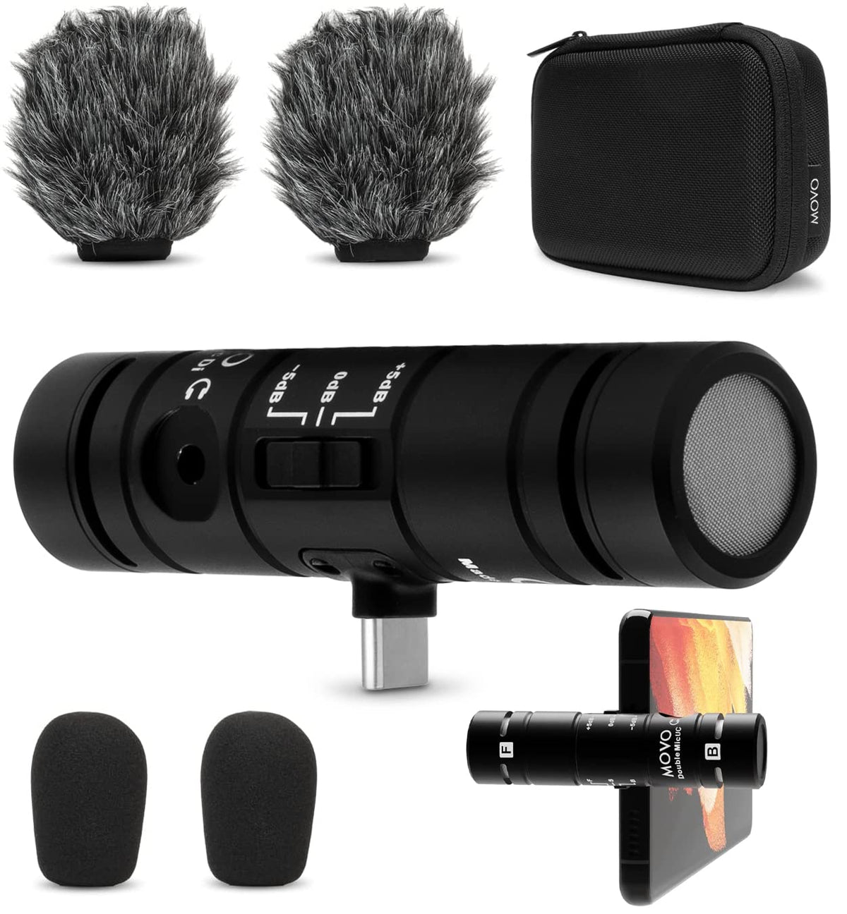 Movo DoubleMic-UC Dual Capsule Phone Microphone for USB-C Devices- Two-Sided Cardioid Condenser Android Shotgun Mic for Video Recording- Professional Microphone for Samsung, iPad Pro, Google Pixel