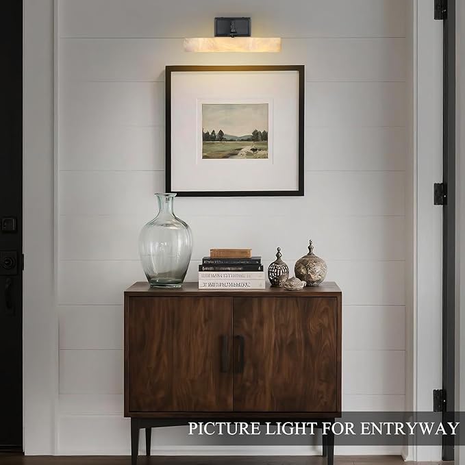 Alabaster Picture Light Hardwired, Modern Spanish Marble Bathroom Lights over Mirror, 12in Black Vanity Lights for Wall, Dimmable Gallery Light, Picture Frame Light for Painting, Artwork, Bookcase