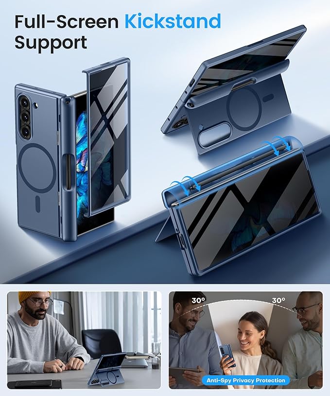 BERFY for Z Fold 6 Case with Privacy Screen Protector, [Compatible with MagSafe] Built-in Kickstand & S Pen Slot & Hinge Protection, Full Body Shockproof Phone Case for Samsung Galaxy Z Fold 6, Blue