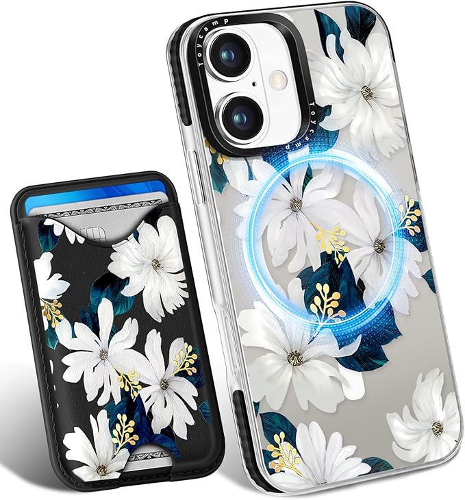 Toycamp for iPhone 17 Case - Compatible with Magsafe Credit Card Holder Wallet Magnetic Cute Women Teen Girls Kawaii Girly Unique White Flower Design Phone Cover for Apple 17 Air