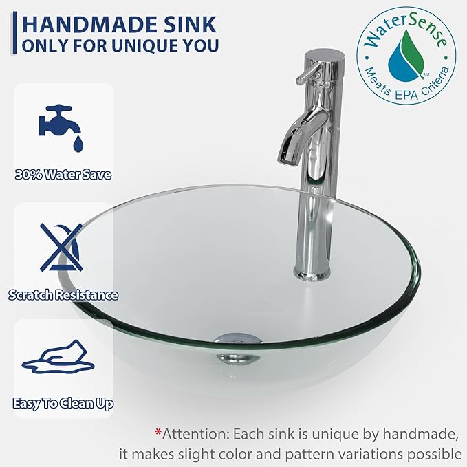 eclife 60" Modern Bathroom Vanity Sink Combo Freestanding Cabinet with Small Side Cabinet, Clear Round Glass Vessel Sink, Water Save Faucet, Drain (Black+A16)