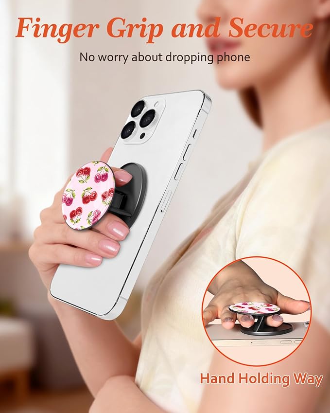 Kidcube Magnetic Phone Grip Compatible with Magsafe - Cell Phone Grip Stand Magnetic Ring Holder Finger Kickstand for iPhone 17 16 15 14 13 12 Series Magnet Removable Accessories Cute Girly Cherry
