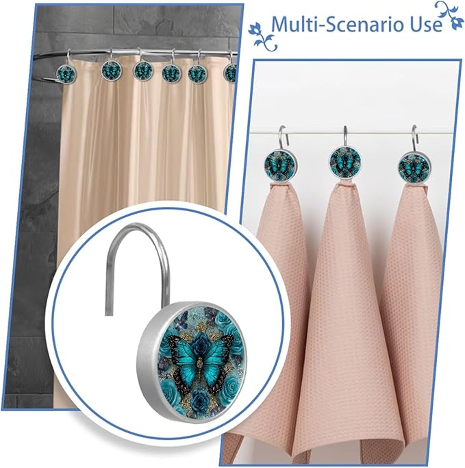 Navy Blue Butterfly Shower Curtain Hooks 12Pcs, Decorative Rust Resistant Shower Rings for Shower Curtain Rods, Stainless Steel Round Curtain Hooks for Bathroom, Bedroom, Farmhouse