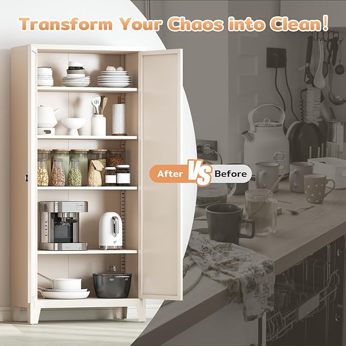 70.87" Tall Metal Storage Cabinet with 3-Digit Combination Lock, Steel Pantry Cabinet with 4 Adjustable Shelves & 2 Doors, Secure Freestanding Organizer for Home, Office, Garage, Beige