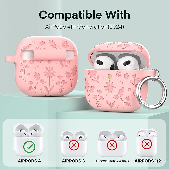 Maxjoy for AirPods 4 Case, Engraved Silicone Cute AirPod 4 Case for Women Men Protective iPod 4 Cover with Keychain Cleaning Kit for AirPod 4th Generation Cover 2024, Pink