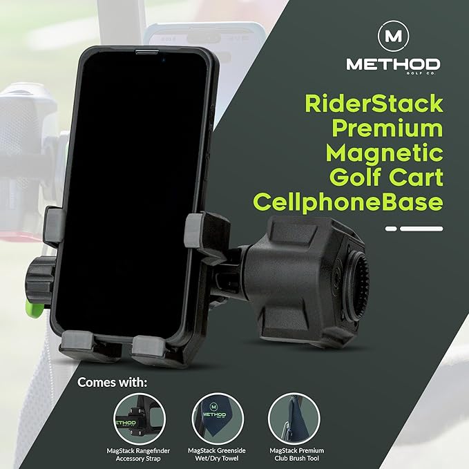 Method Golf RiderStack Pro Pack- Magnetic Golf Cart Phone Holder Plus Range Finder Magnetic, MagStack Microfiber Towel and Club Brush with MagStack Tile- Compatible with EZGO, Club Car and Yamaha