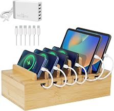 Bamboo Charging Station Organizer, Multi-Device Charging Dock with Cable Management, Phone Tablet Stand for Home Office, 5-Port USB Charger & 6 Cables Included - Image 1
