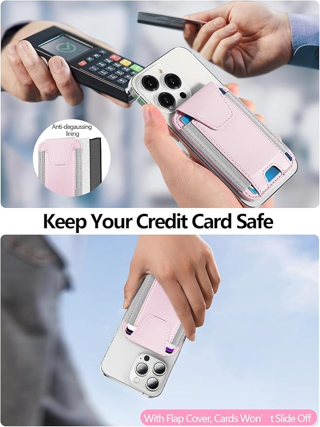 Miroddi for MagSafe Wallet with Privacy Flap, Strongest Magnetic Card Holder for iPhone 17, iPhone 16/15/14/13/12 Series, Detachable Leather Magnetic Phone Wallet, RFID Blocking, Fit 7 Cards, Pink