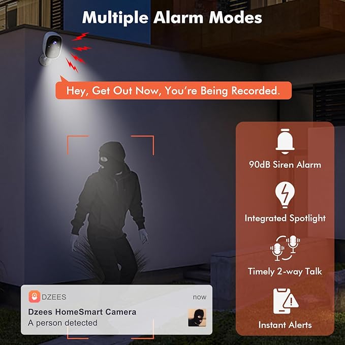 Dzees 2K Security Cameras Wireless Outdoor, Battery Powered AI Motion Detection Spotlight Siren Alarm WiFi Surveillance Indoor Home Camera, Color Night Vision, 2 Way Audio, SD/Cloud IP66, 4 Pack