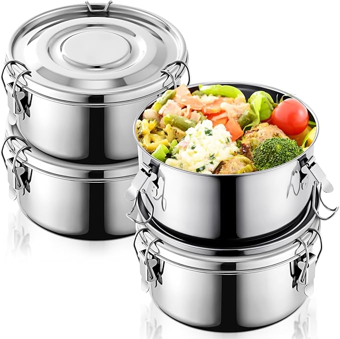 4 Pcs Stainless Steel Bento Box 74 oz Reusable 304 Stainless Steel Food Storage Containers with Lockable Clips to Leak Proof, Dishwasher Safe
