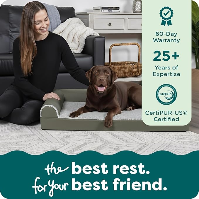FurHaven Cooling Gel Dog Bed for Large Dogs, L-Shaped Chaise with Cool Gel-Top Foam & Solid Orthopedic Foam Base for Joint Support, Washable Cover, Jumbo/XL, Plush Faux Fur & Suede, Dark Sage
