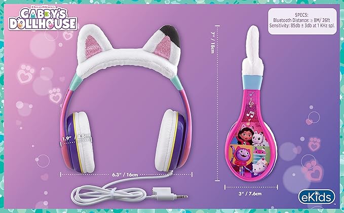 eKids Gabbys Dollhouse Kids Headphones with 3.5mm Jack, Wired Headphones with Adjustable Headband and Volume Control, Earphones for School, Home, or Travel (Gabby)