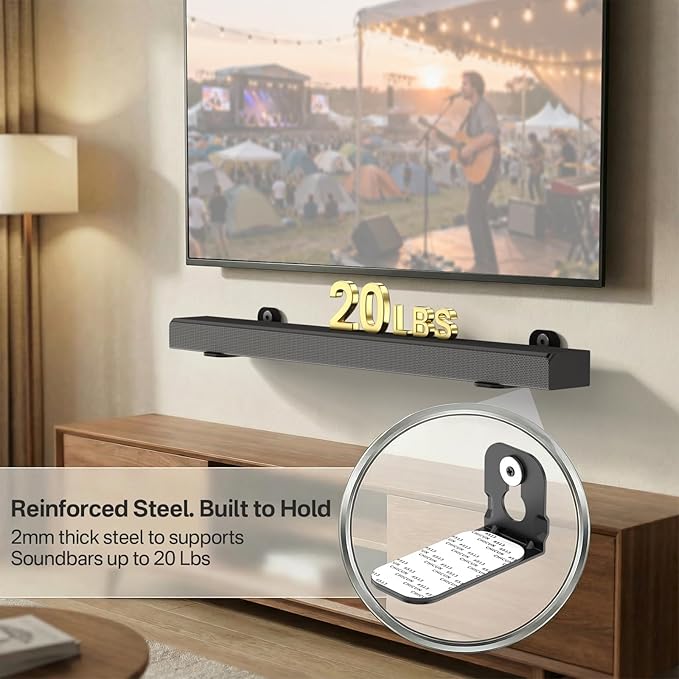 notiela Universal Soundbar Wall Mount Bracket for Soundbars Up to 4" Deep, Heavy Duty Metal Sound Bar Shelf Under TV Holds Up to 20 lbs Easy to Install