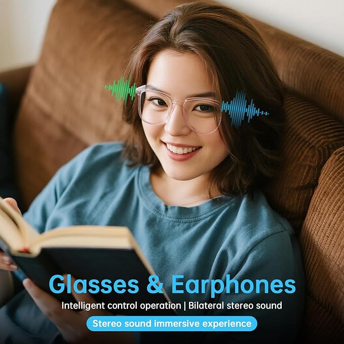 Smart Glasses for Women, Clear Frame Blue Light Glasses, Magnetic Charging, Open-Ear Design, Voice Assistant, Bluetooth Glasses with Speakers, Audio Eyeglasses for Working Gaming (GS03-C)