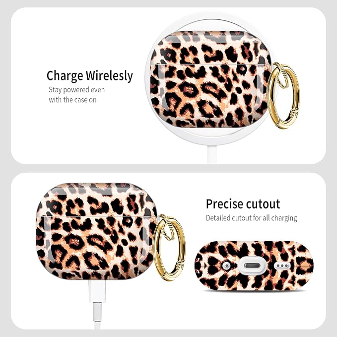 Cute Hard Case Compatible with AirPods Pro 3rd Generation Case (2025), Shockproof Protective Cover with Golden Keychain Ring Clip (Brown Leopard)
