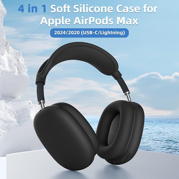 Silicone Case Cover for AirPods Max, Ear Pad Case Cover/Ear Cups Cover/Headband Cover for AirPods Max Headphones, Accessories Silicone Protector for Apple AirPods Max USB-C (2024/2020), Black [4 in 1]