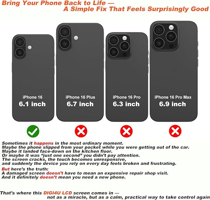 DIGI4U LCD for iPhone 16 Screen Replacement, 6.1''[3D Touch][Small Notch] Screen for iPhone 16 Display Digitizer Assembly, with Repair Tools for iPhone 16 LCD