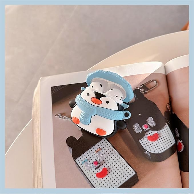 Wireless Charging Earphone Case Compatible with Airpods Pro/Pro2, Cute Christmas Animal Hat Penguin Design Soft Silicone Full Body Protective Skin Cover, Kids Girls Women Cartoon Earbuds Accessories