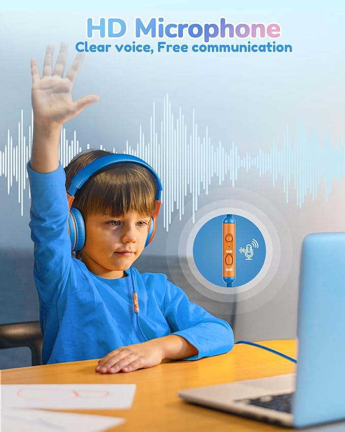 Kids Headphones Wired Toddler Headphones with Microphone, Over-Ear Headphones, 85/94dB Volume-Limiting, 3.5mm Jack, Foldable On-Ear Design - Safe & Comfortable for Learning & Entertainment