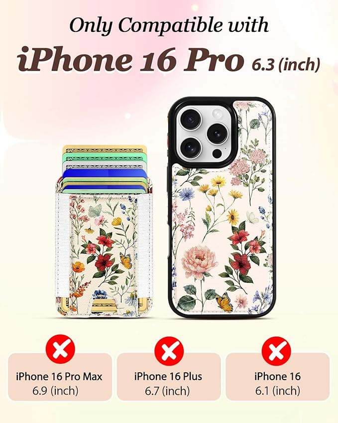 Shorogyt for iPhone 16 Pro Case Wallet - Fits 5 Cards, Compatible with Magsafe Detachable Magnetic Credit Card Holder Leather Cardholder Cute Phone Cover Women Girls for Apple 16Pro, Floral