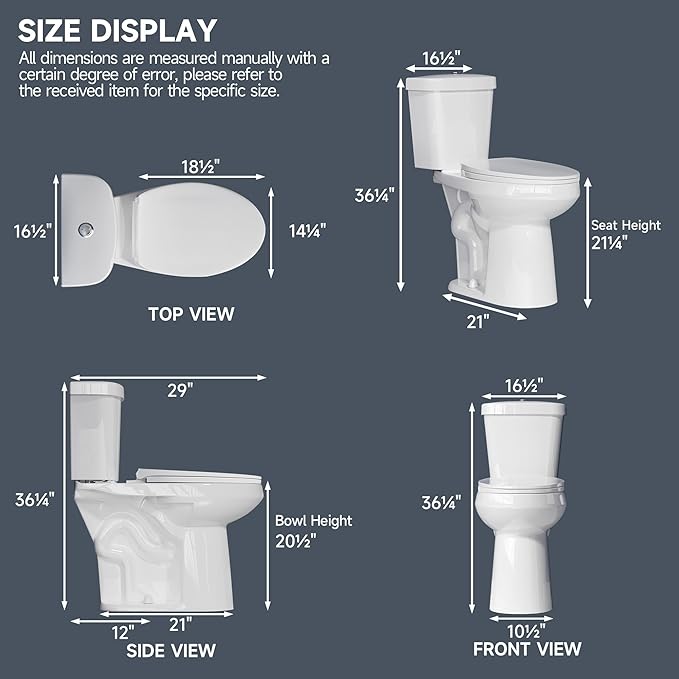Elongated Extra Tall Toilet 21 Inch for Seniors 1.1/1.6 GPF Tornado Dual Flush - Two Piece Comfort High Toilet for Bathroom, 20.5 Inch Bowl Height, 21.25 Inch Seat Height, 12" Rough In, White