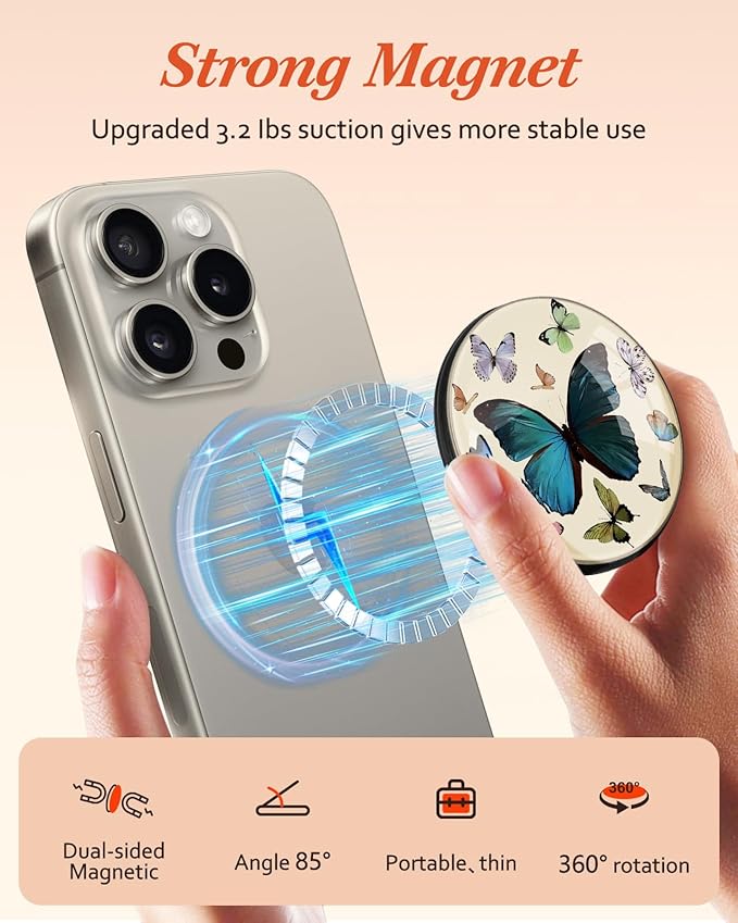 Kidcube Magnetic Phone Grip Compatible with Magsafe - Cell Phone Grip Stand Ring Holder Magnet Kickstand Removable Accessories for iPhone 16 Pro Max/16/15/14/13/12 Series Girls Cute Girly Butterfly