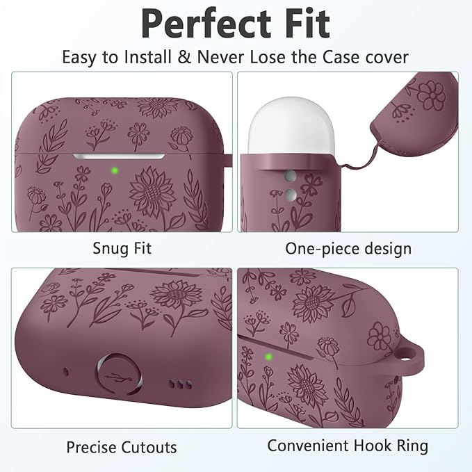 Hamile for AirPods Pro 2nd Generation Case with Cleaner Kit & Keychain, Cute Flower Engraved Soft Silicone Protective AirPods Pro 2 Case Cover for Apple AirPod Pro 2nd/1st Generation Smoky Purple