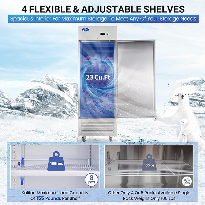 27" Reach-in Commercial Freezer with 2 Solid Door & 4 Shelves, 23 Cu.ft Stainless Steel Freezer Fan Cooling Freezer for Restaurant, Bar, Home, Shop, and Business