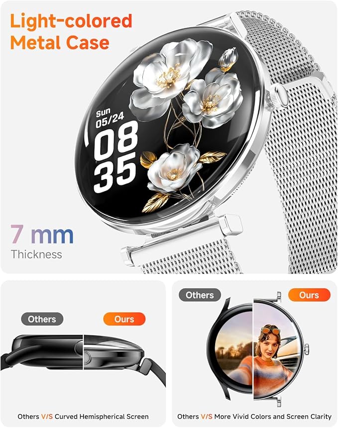 Hwagol Smart Watch for Women with Android iPhone Compatible[Calls/Metal Thin Body],1.43" Micro-Spherical AMOLED Screen,Sports Watch with Sleep/Heart Rate Monitor,Pedometer for Steps Miles