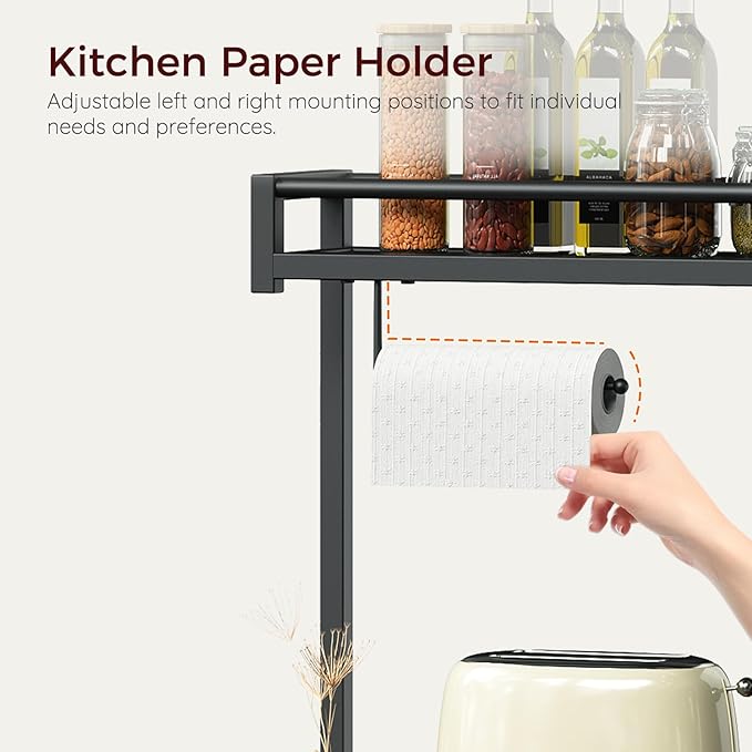 Bakers Rack with Power Outlet, Microwave Stand with Paper Holder, Bakers Rack with Storage, Coffee Bar Station with 6 Hooks, for Kitchen, Dining Room, Rustic Brown and Black BRHR361E01