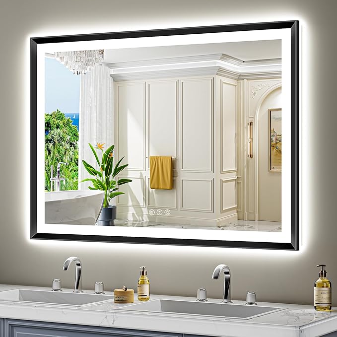 51x36 Black Framed LED Bathroom Mirror with Lights, Backlit and Front Light, Lighted Bathroom Vanity Mirror for Wall Dimmable Anti-Fog Memory Tempered Glass Horizontal/Vertical