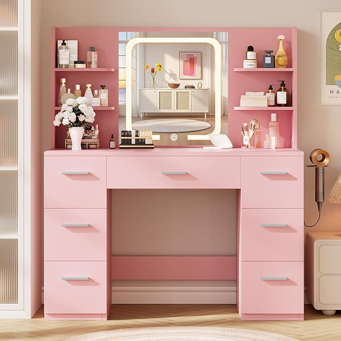 Large Makeup Vanity Desk, 43.3“W x 15.7”D x 53.2“H, Pink (Large Desktop, Samrt LED Mirror, 4 Open Shelves, 7 Drawers, Hairdryer Rack, Power-Outlet, No Cushion Stool Included)