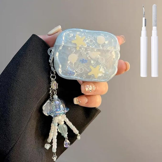 Compatible with AirPods Pro 3 Case Cute Shell Starfish Protective Cover with Cleaner Kit Jellyfish Keychain for Girls Women for Airpods Pro 3rd Generation(2025)-Blue