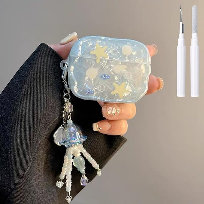 Compatible with AirPods 3rd Case Protective Cute Shell Starfish Cover with Cleaner Kit Jellyfish Keychain for Girls Women for Airpods 3 Generation-Blue