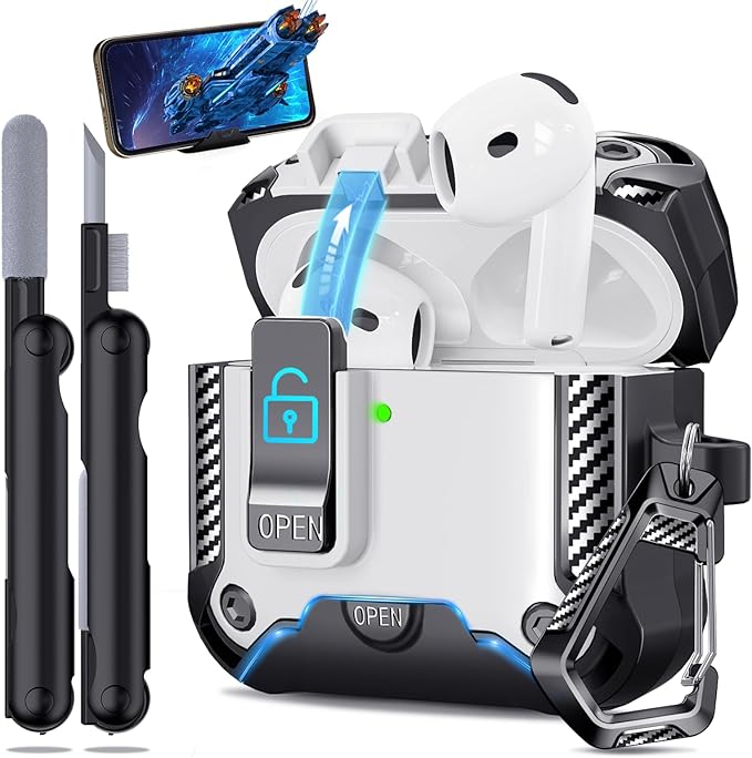 Secure Lock Case for AirPods 4 with Phone Stand, Cleaning Kit & Keychain, Shockproof Protective Cover Compatible with Apple AirPods 4th Gen 2024 for Men Women, Anti-Scratch