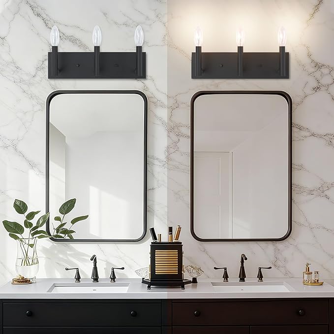 Kalium Bathroom Light Vanity Fixtures Over Mirror, 3-Lights Modern Matte Black Wall Sconces, Minimalist Wall Lights for Livingroom Bedroom Entryway Hallway Staircase, E12 Base(Bulbs Not Included)