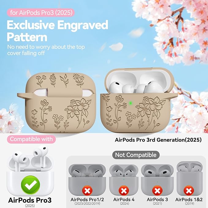 for Airpods Pro 3 Case, Flower Engraved Case Cover Compatible with AirPods Pro 3rd Generation 2025, Soft Silicone Cases with Cute Keychain & Cleaner for Women Girly, Shockproof