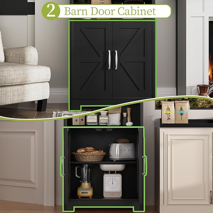 55" Tall Kitchen Pantry Cabient with 2 Microwave Stands, Farmhouse Pantry Storage Cabinet with Barn Doors and Large Drawer, Rustic Freestanding Cupboard for Kitchen and Dining Room (Black)