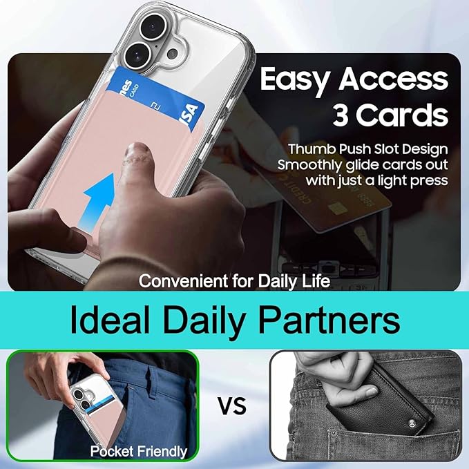 Magnetic for iPhone 16 Clear Case with Pink Detachable Wallet, Compatible with MagSafe, Credit Card Holder with Slim Shockproof Protective Phone Cover