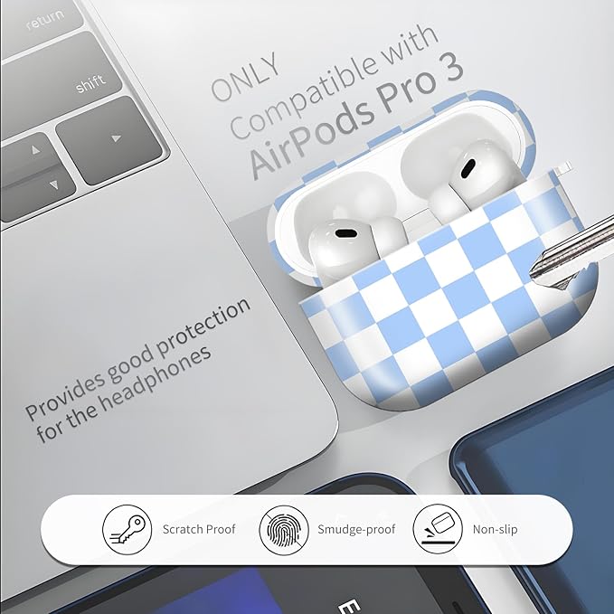 Compatible with AirPods Pro 3rd Generation 2025 Case Cover with Gold Keychain - Cute Protective Hard AirPod Pro 3 Cases for Women - Blue White Checkered